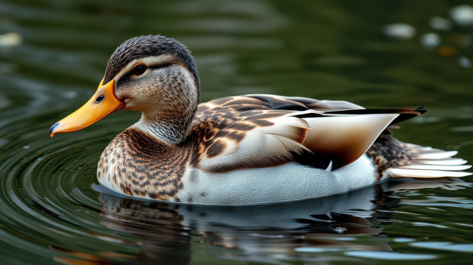 Duck swimming gracefully in a tranquil pond surrounded by soft ripples during bright daylight